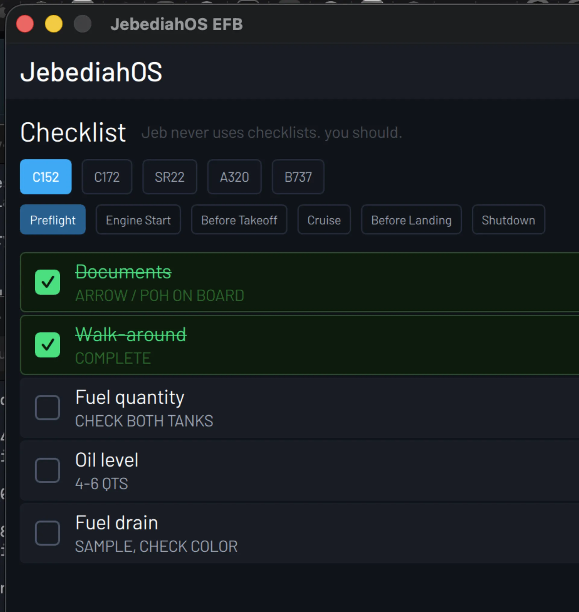 Preflight checklist — documents, walk-around, fuel, oil